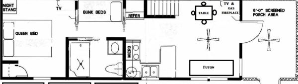 Lazy Bear Cottage Floor Plan – Jellystone Park South Haven Floor plan layout of Lazy Bear Cottage at Jellystone Park South Haven showing loft, bedrooms, kitchen, and living area