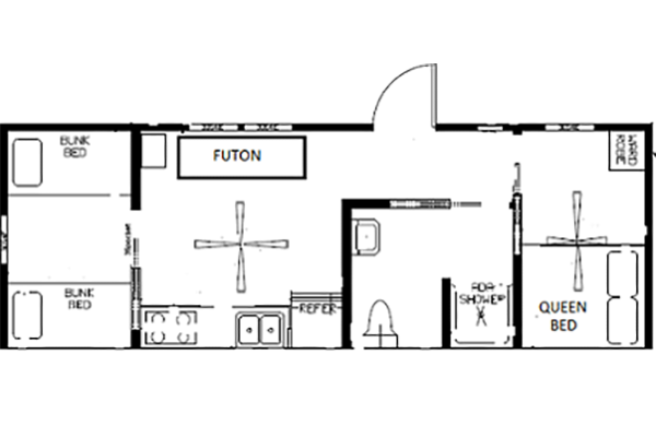 ADA Yogi Bear Cottage floorplan showing queen bedroom, bunk beds, futon, kitchen, and accessible bathroom