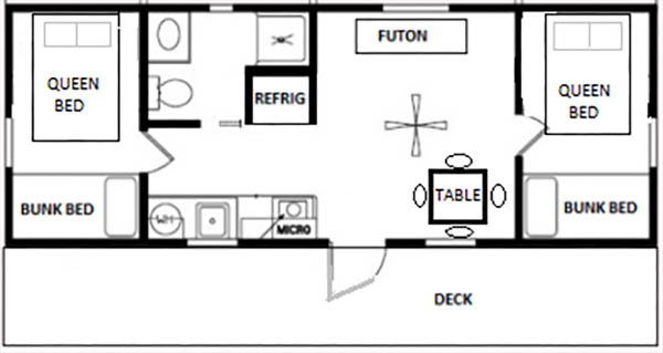 Floorplan of Big Bear Cottage showing two bedrooms, kitchen, bathroom, living area, and deck at Jellystone Park South Haven