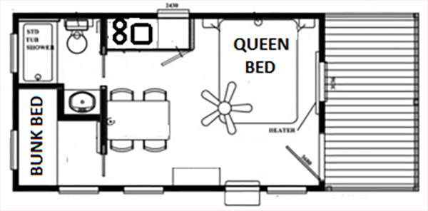 Cindy Bear Cottage Floorplan Layout – Jellystone Park South Haven Floorplan of Cindy Bear Cottage showing queen bed, bunk beds, kitchen, bathroom, and living space at Jellystone Park South Haven