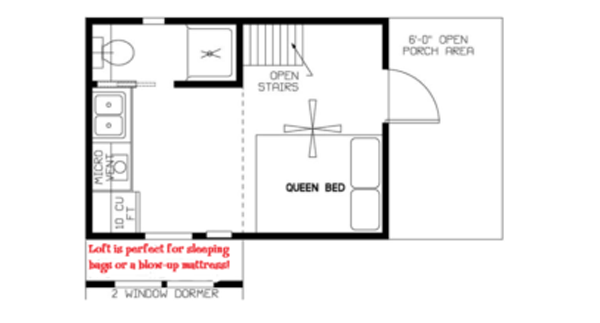 Lil Bear Cottage floorplan showing queen bed, loft sleeping area, kitchenette, bathroom, and porch
