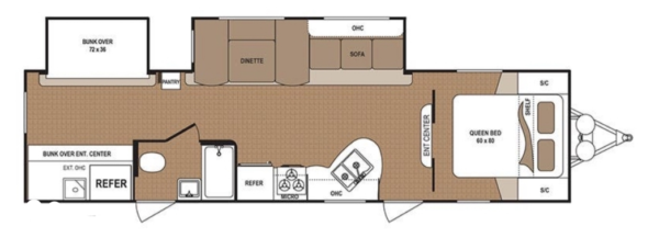Premium RV Rental with Child’s Cabin Floorplan Layout Premium RV rental with child’s cabin floorplan showing queen bedroom, bunk beds, kitchen, living area, and bathroom layout