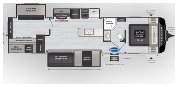 Premium RV rental floorplan showing king bedroom, bunk beds, kitchen, living area, and bathroom layout