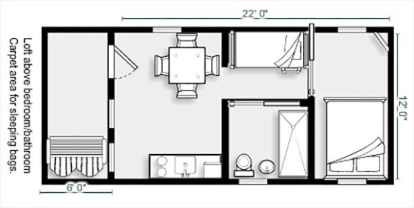 Ranger Smith Cottage Floorplan Layout – Jellystone Park South Haven Floorplan of Ranger Smith Cottage showing bedroom, bunk beds, kitchen, bathroom, living area, and loft space at Jellystone Park South Haven