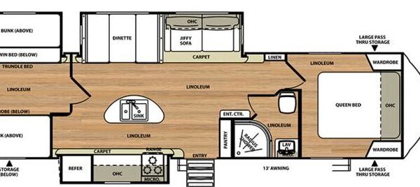 Alt Text: RV rental floorplan showing queen bedroom, bunk beds, kitchen, dinette, and bathroom layout