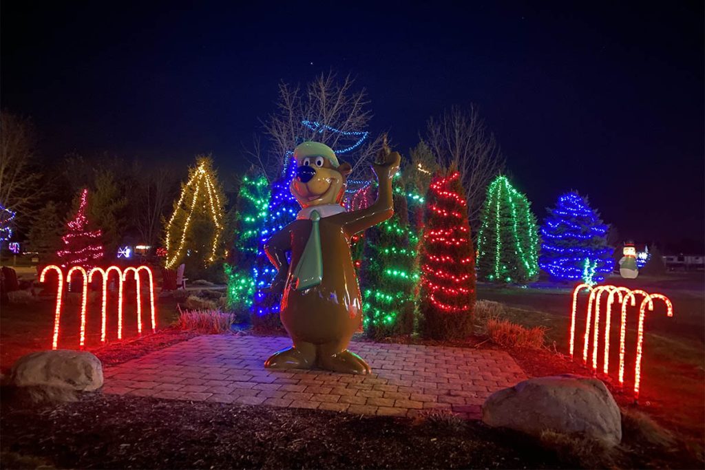 Holiday Celebrations Light Display | Jellystone Park™ South Haven Jellystone Park™ holiday light display featuring the mascot statue during Holiday Celebrations at South Haven