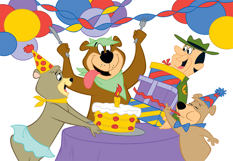 Yogi Bear, Cindy Bear, Boo Boo and Ranger Smith celebrating a birthday party with balloons, presents and cake at Jellystone Park South Haven