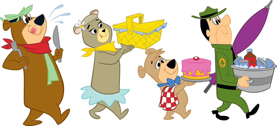 Yogi Bear, Cindy Bear, Boo Boo and Ranger Smith carrying food and party supplies at Jellystone Park South Haven